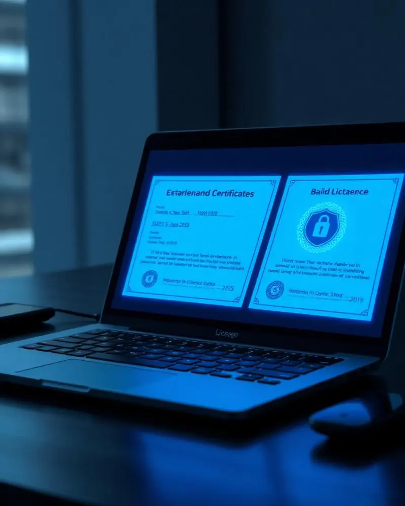 Licenças corporativas de software exibidas em notebook
