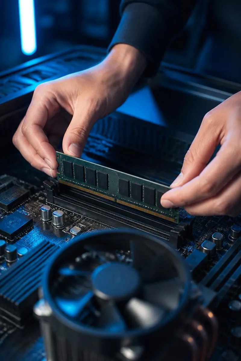 Técnico realizando manutenção em placa-mãe de computador
