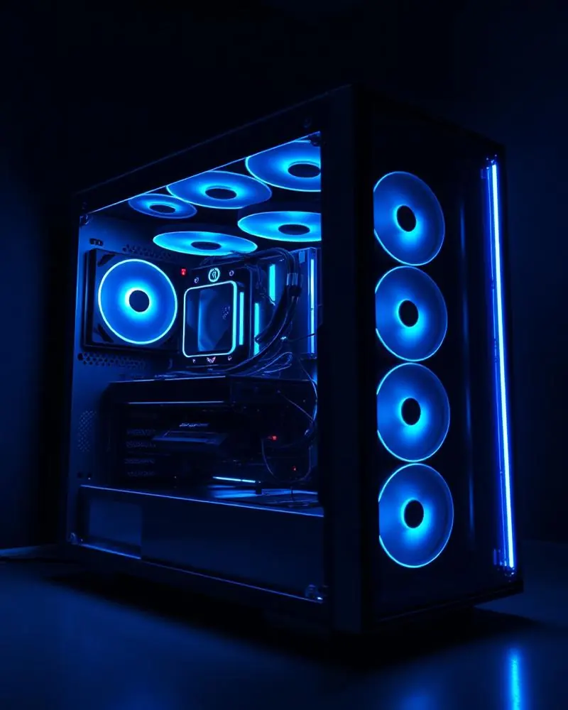 PC gamer de alta performance com iluminação azul neon