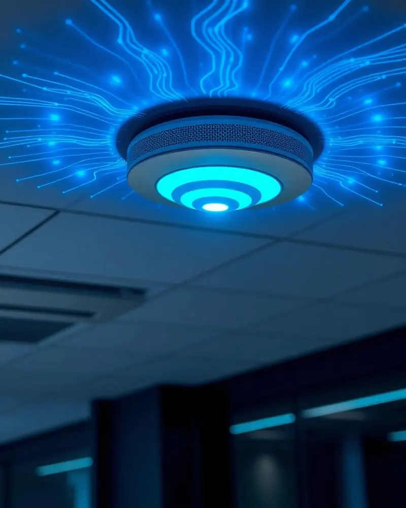 Access point corporativo com fluxo de dados Wi-Fi em azul neon